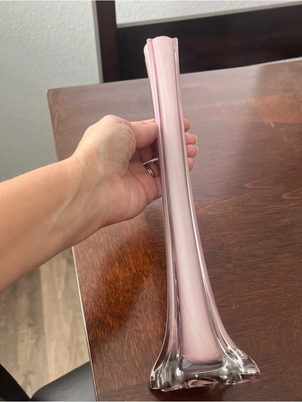 Vtg Pale Pink Glass Elephant Foot Tall Swung Bud Vase - Elegant Tall Home Accent